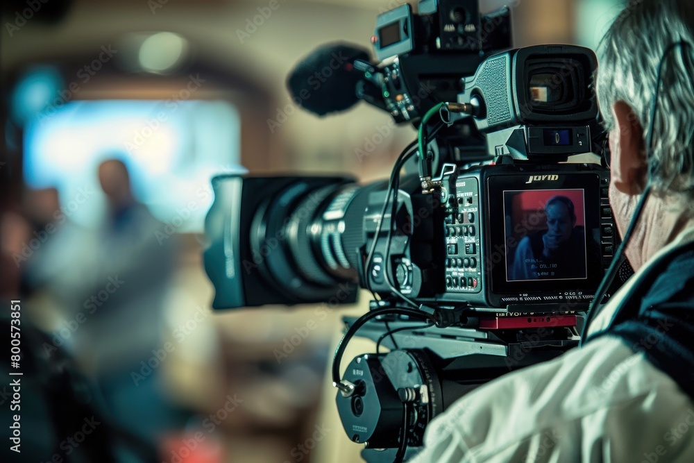 A man is filming a scene with a camera. The man is wearing a white jacket A man is filming a scene with a camera. The man is wearing a white jacket