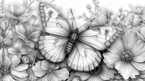  A monochrome illustration of a butterfly on a blossom  with a butterfly centrally positioned within the image