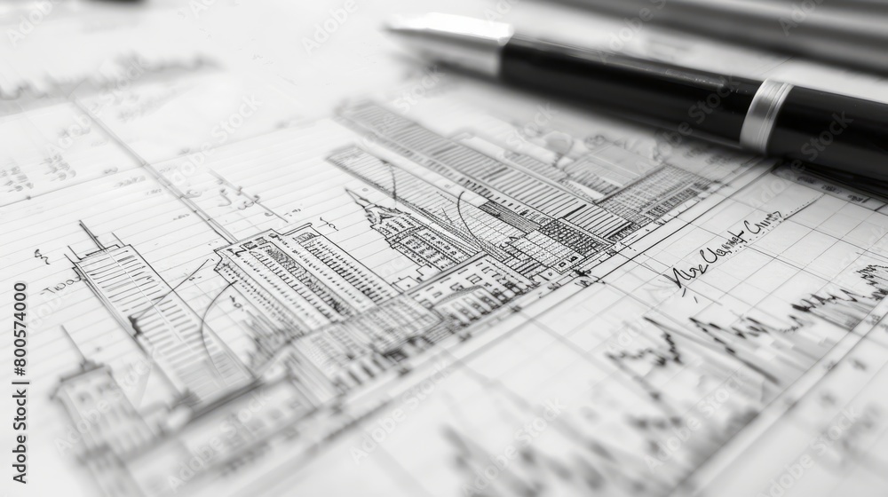 Black and white drawing of a cityscape with skyscrapers and a pen lying on the drawing. Black and white drawing of a cityscape with skyscrapers and a pen lying on the drawing.