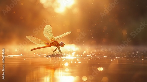  A dragonfly soars above a body of water as sunlight filters through the treetops in the background