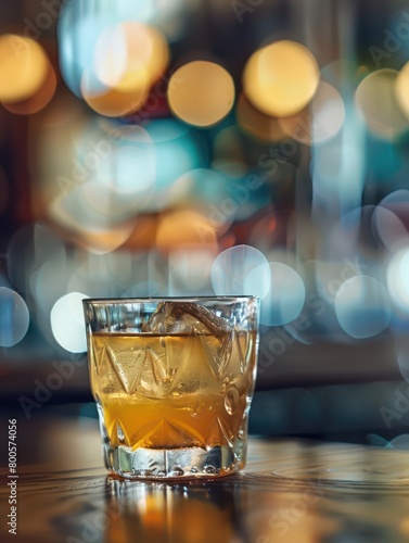 A close-up of a whiskey on the rocks in a textured glass, backlit by a vibrant bokeh of lights in a cozy bar setting
