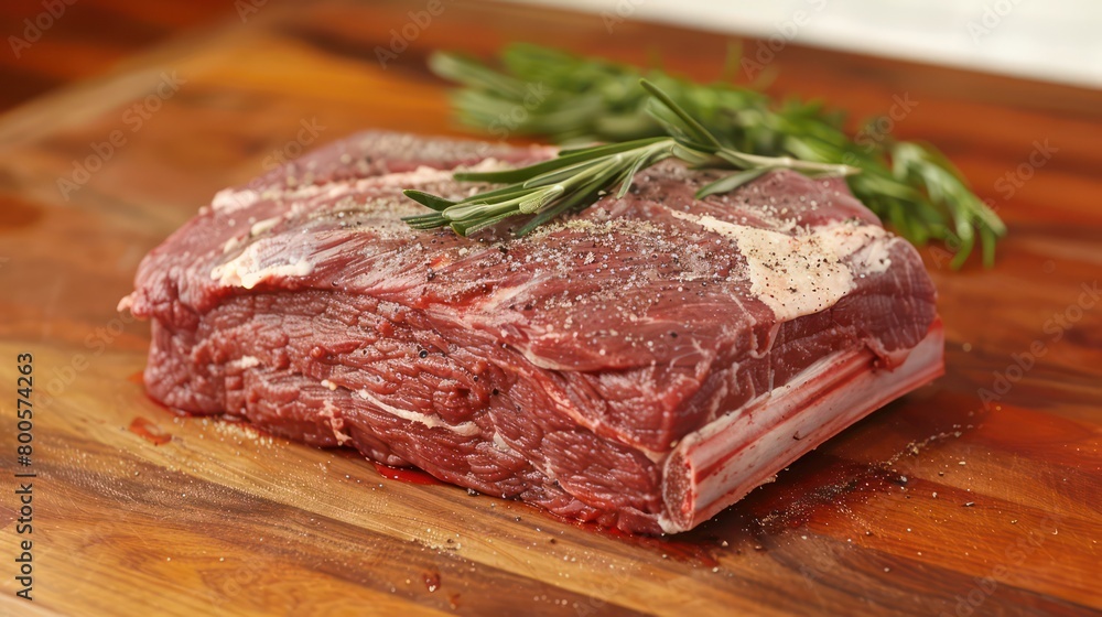 A close-up image highlighting the rich textures of a salted raw beef steak placed on a butcher block, exuding culinary craftsmanship A close-up image highlighting the rich textures of a salted raw beef steak placed on a butcher block, exuding culinary craftsmanship
