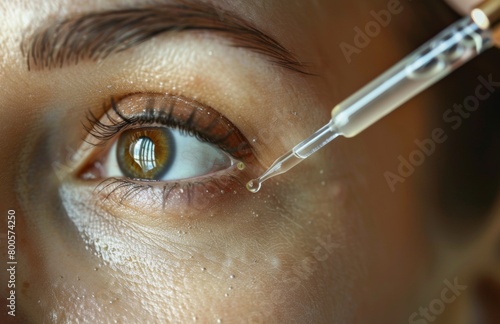 Closeup of a woman's eye with a dropper filled with oil over the dark circles under her eyes. A close up shot of a middle aged woman getting a Korean medispa treatment for iron deficiencies  photo