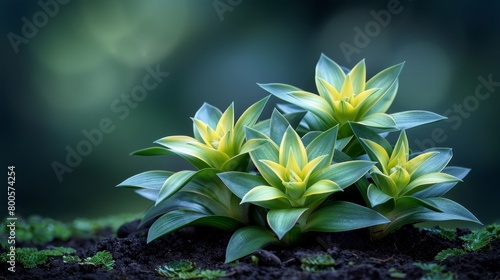 a group of green plants with yellow leaves in a dirt area