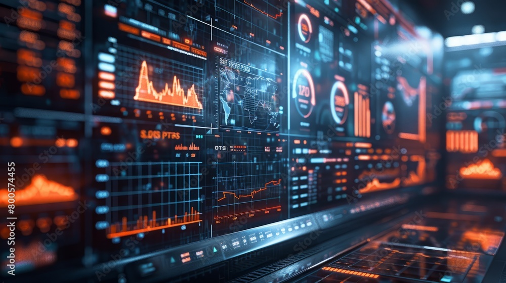 Futuristic dashboard with graphs, charts, and data. Futuristic dashboard with graphs, charts, and data.