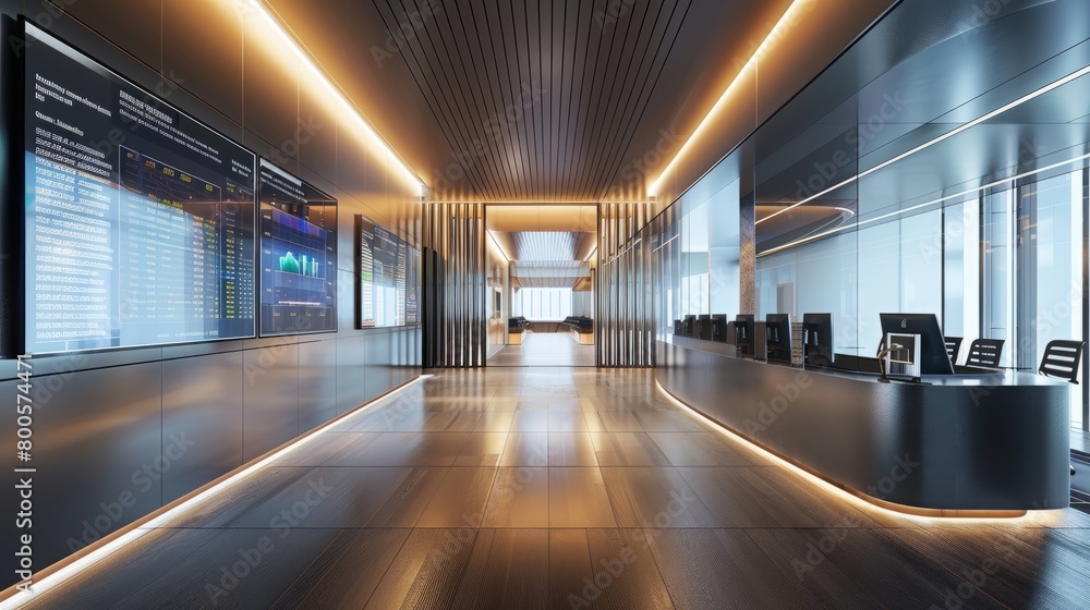 Futuristic office interior with glass walls, metal and wood elements and bright led lighting.