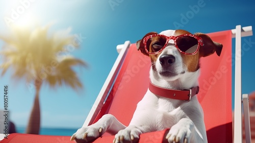 jack russell terrier dog with sunglasses sunbathing on sun lounger.