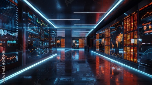 Futuristic control room with glowing blue and red lights