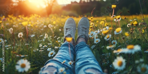 Legs of relaxing girl lying on the spring blooming meadow.