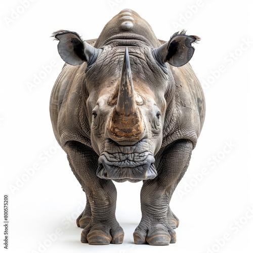a rhino standing on a white surface with its head turned