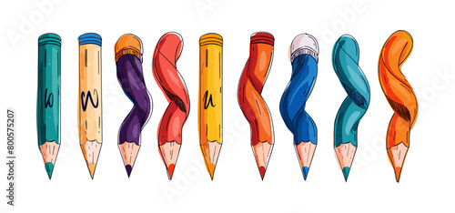 Hand drawn Vector illustration of Set of colored Pencils in various conditions. Twisted, bended, curved pencil. Back to school, teacher's day concept. Isolated design templates in Abstract modern  photo