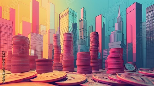 Stacks of pink and orange cartoon coins in front of a blue and purple cityscape