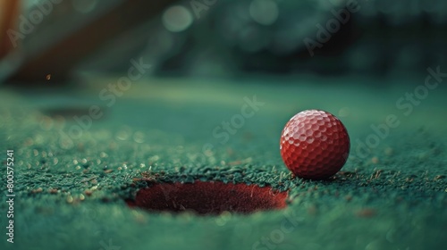 Mini golf ball on green headed towards hole