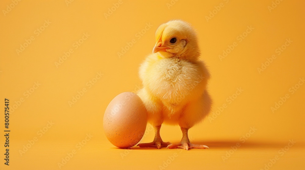 a small yellow chicken standing next to an egg a small yellow chicken standing next to an egg