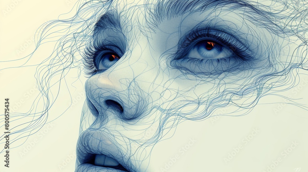 Fototapeta premium Abstract portrait of a woman with flowing hair lines and intense eyes