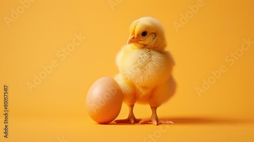 a small yellow chicken standing next to an egg