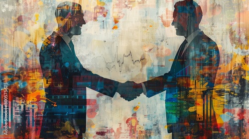 Two businessmen in suits shaking hands with a colorful abstract background.