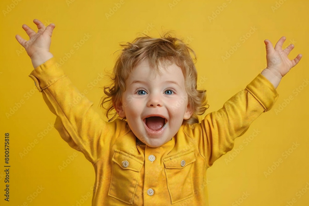 Excited Caucasian toddler baby cheering, celebrating, shocked. Excited Caucasian toddler baby cheering, celebrating, shocked.