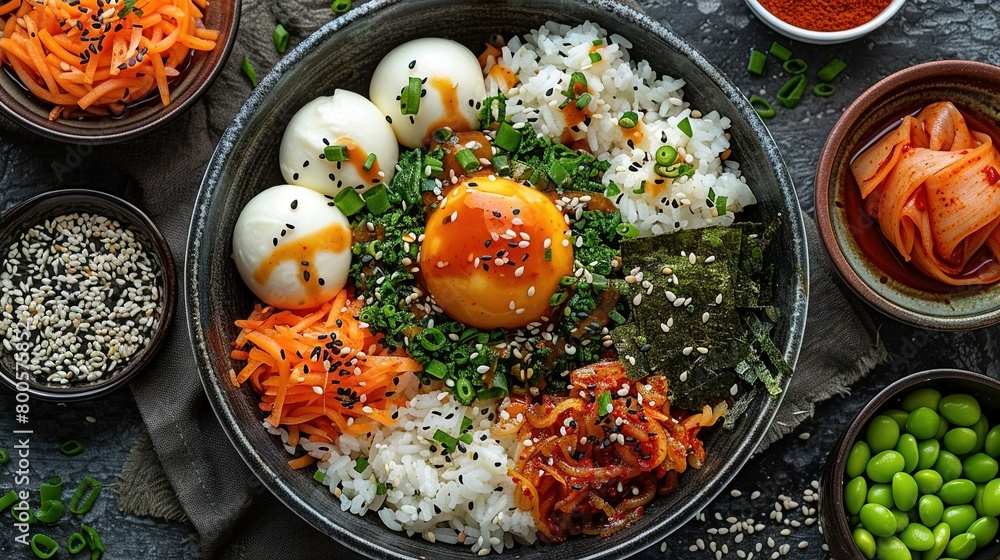 A bowl brimming with rice, carrots, and an egg atop rice adjacent to other bowls of assorted veggies A bowl brimming with rice, carrots, and an egg atop rice adjacent to other bowls of assorted veggies