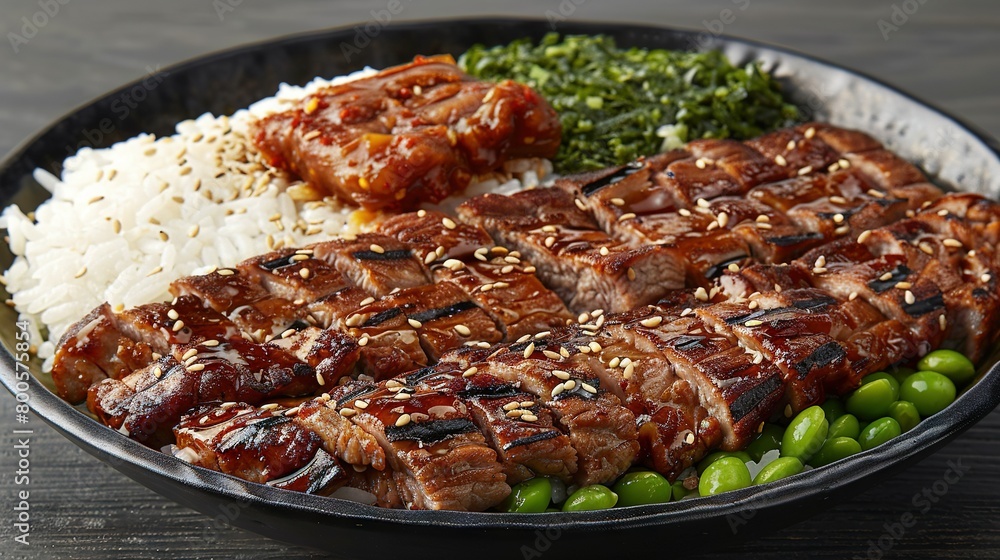   A close-up of a plate of food featuring meat, rice, peas, and broccoli on a table