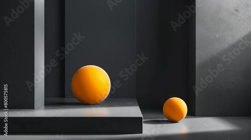 Two orange spheres on a gray platform against a gray background. © Sodapeaw