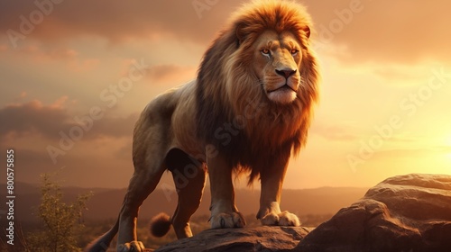 Lion  powerful  muscular  golden brown fur  sharp claws  fierce eyes  majestic mane  standing on a rock  watching the sunrise.