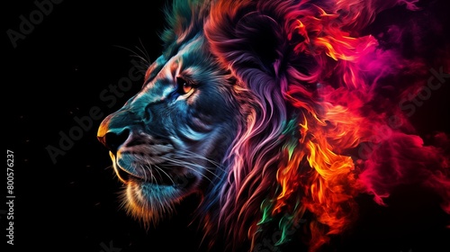 Lion, the head of a lion in a multi-colored flame. Abstract multicolored profile portrait of a lion head on a black background. © hamad