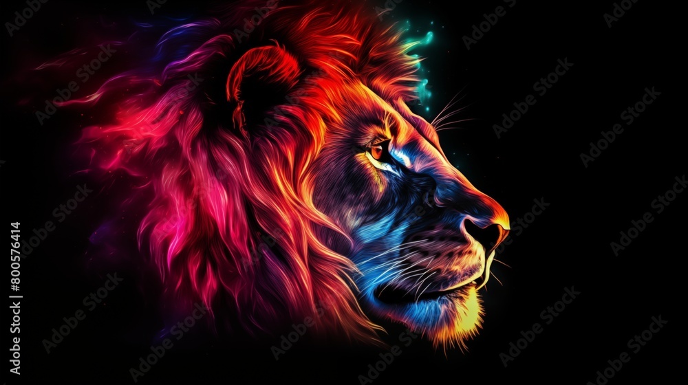 Lion, the head of a lion in a multi-colored flame. Abstract multicolored profile portrait of a lion head on a black background. Lion, the head of a lion in a multi-colored flame. Abstract multicolored profile portrait of a lion head on a black background.