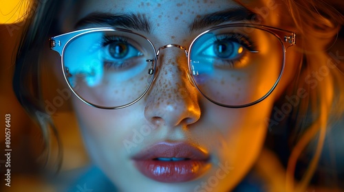 Portrait of a sensual woman wearing light and comfortable glasses in a cozy environment. Close-up of woman's face in glasses in soft, comfortable lighting.