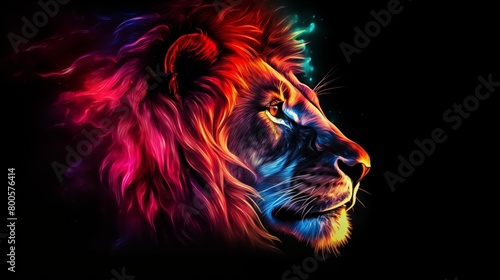 Lion, the head of a lion in a multi-colored flame. Abstract multicolored profile portrait of a lion head on a black background. © hamad