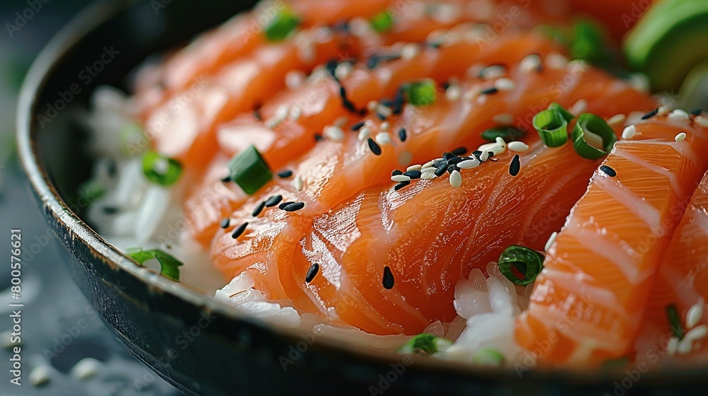 A close-up of sushi in a bowl with rice and garnished with green onions and sesame seeds A close-up of sushi in a bowl with rice and garnished with green onions and sesame seeds