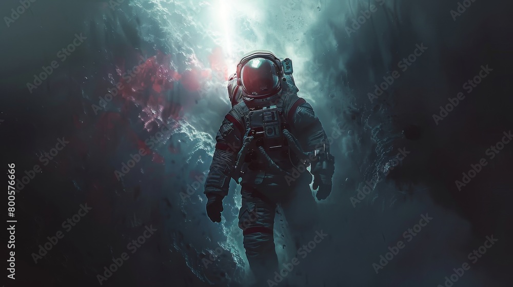 An astronaut 3D pierces through a shadowy backdrop with a beam of light, echoing themes of hope and enlightenment .Background illustrations