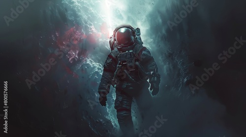 An astronaut 3D pierces through a shadowy backdrop with a beam of light  echoing themes of hope and enlightenment .Background illustrations