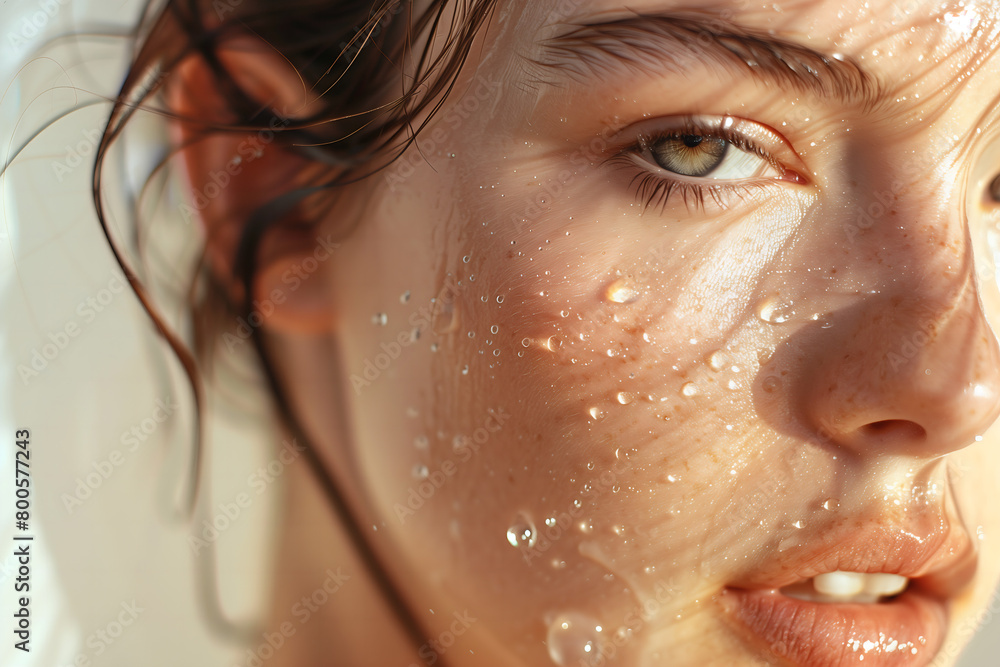 Close up beauty female woman portrait hydrating care face with moisturizing skin serum cosmetic product.