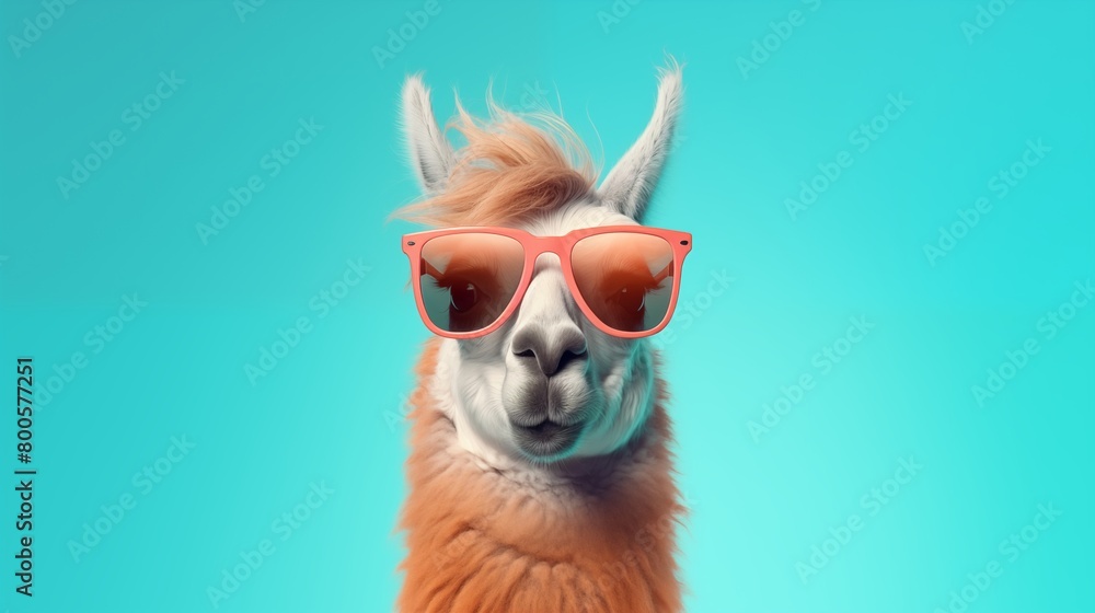 Llama in sunglass shade glasses isolated on solid pastel background, commercial, editorial advertisement, surreal surrealism.