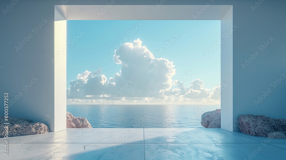 a room with a view of the ocean and clouds
