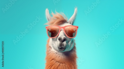Llama in sunglass shade glasses isolated on solid pastel background  commercial  editorial advertisement  surreal surrealism.
