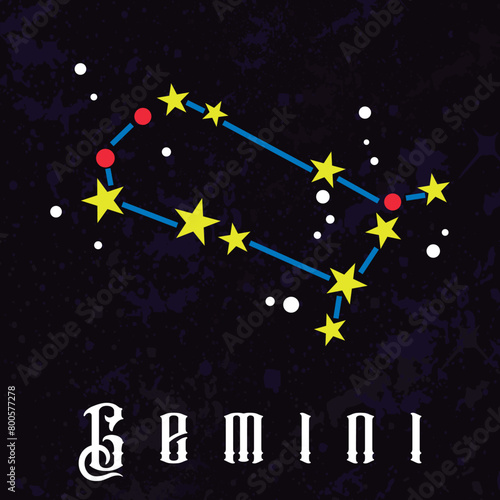 Colorful vector illustration of the constellation of Gemini and their corresponding zodiac sign.