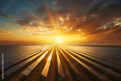 A panoramic view of a vast solar farm at sunrise with rows of solar panels stretching towards the horizon 
