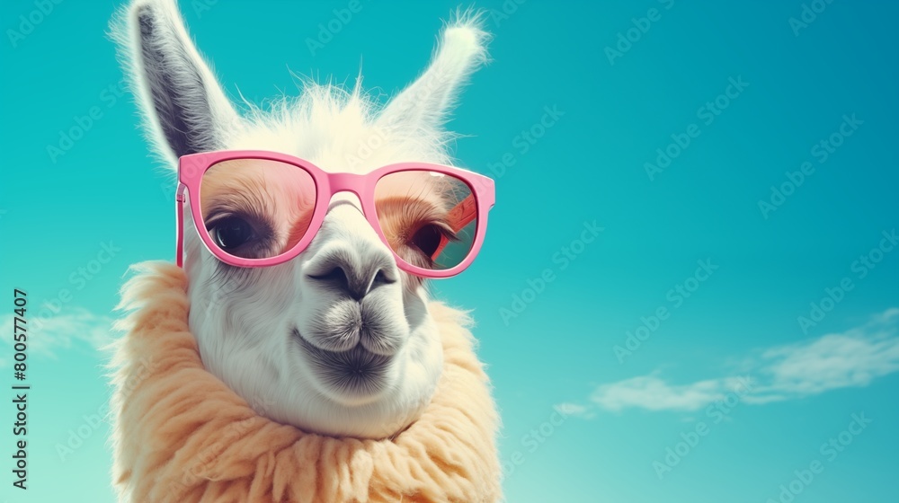 Llama in sunglass shade glasses isolated on solid pastel background, commercial, editorial advertisement, surreal surrealism. Llama in sunglass shade glasses isolated on solid pastel background, commercial, editorial advertisement, surreal surrealism.