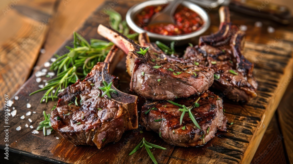 Perfectly grilled delectable lamb chops set on a wooden board with rosemary and spices Perfectly grilled delectable lamb chops set on a wooden board with rosemary and spices