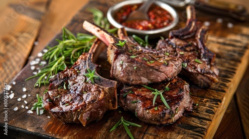 Perfectly grilled delectable lamb chops set on a wooden board with rosemary and spices