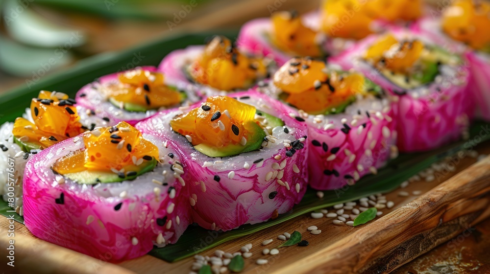 Close-up of plate with sushi on wooden tray, sesame seeds beside Close-up of plate with sushi on wooden tray, sesame seeds beside