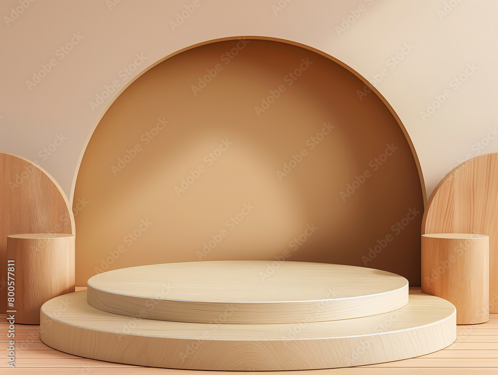Wooden product display podium, background is minimal cream and brown color. Wooden product display podium, background is minimal cream and brown color.