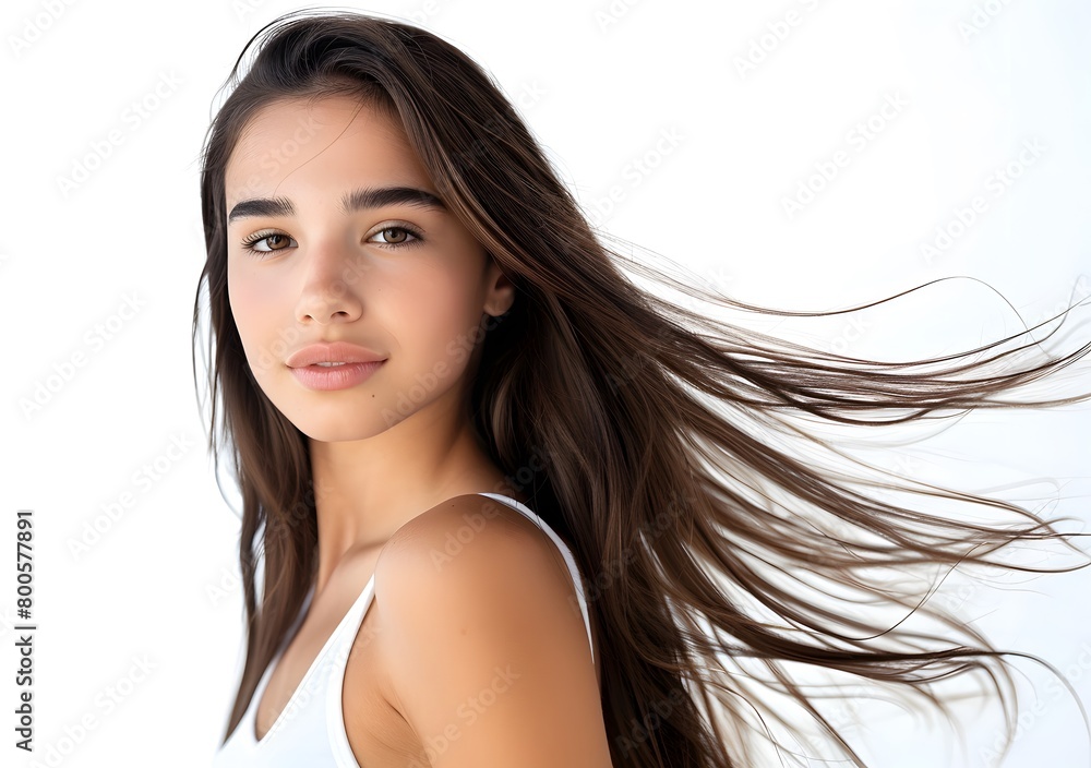Young girl with brown long hair flying in the wind. On a white background. Young girl with brown long hair flying in the wind. On a white background.