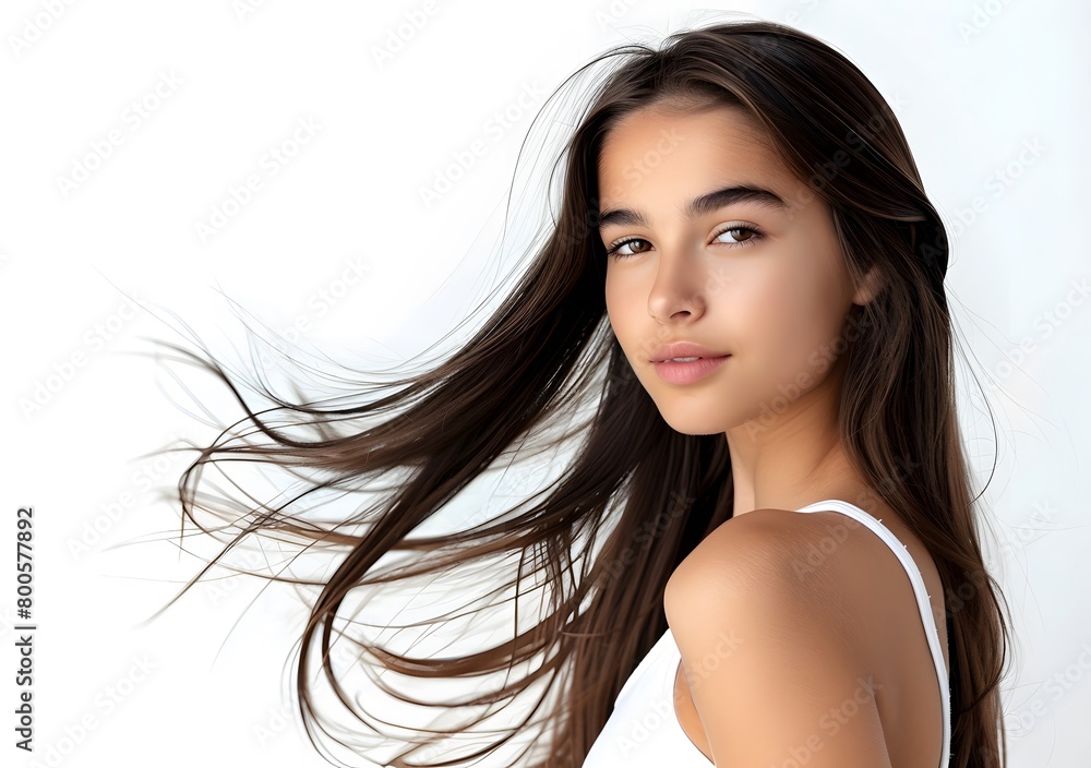 Young girl with brown long hair flying in the wind. On a white background. Young girl with brown long hair flying in the wind. On a white background.