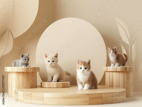 A group of four adorable kittens with fluffy fur sit on a podium display. photo