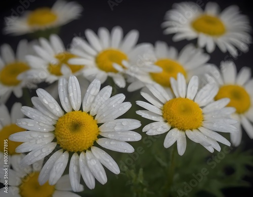 Dew-Covered White Daisies Blooming Against a Dark Background in Early Morning