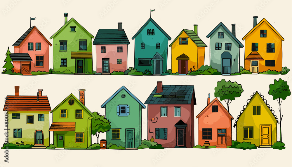 Hand drawn Vector illustration, Set of various small tiny Houses, Flat design, Isolated design elements, Paper cut cartoon minimal style, Building, sweet home, real estate concept. Miniature houses.