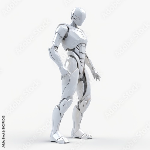 A graphics minimalist 3D character in Notion style, with a futuristic outfit and robotic features, standing on a white background